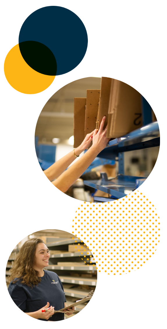 Lite PrepCenter Employee Double Photo With Dots Reaching For Boxes Female With Clipboard