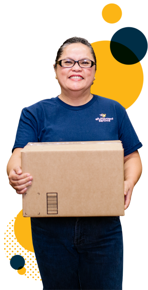 Lite PrepCenter Employee Female With Box Dots Upper Right Lower Left