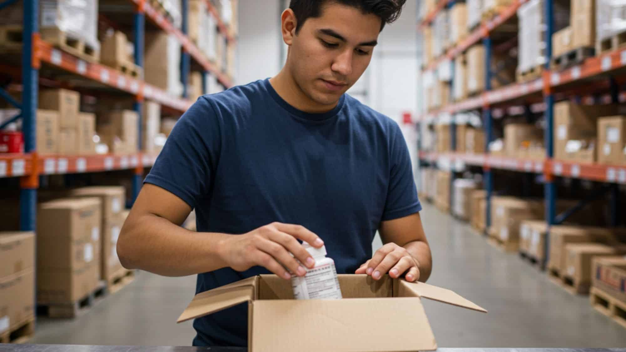 warehouse worker in blue tee shirt packing supplement into box