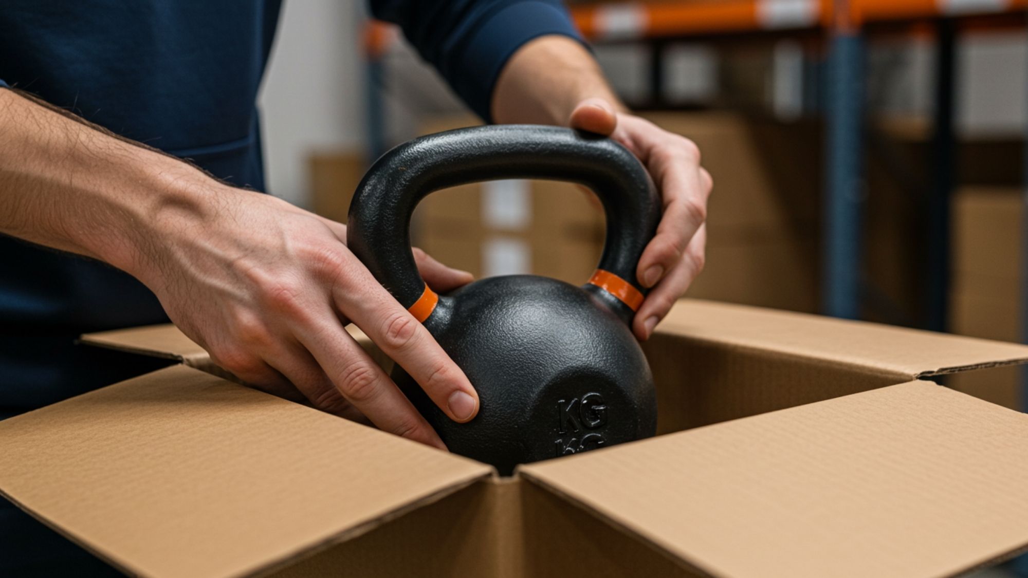 warehouse worker in blue tee shirt packing supplement into box